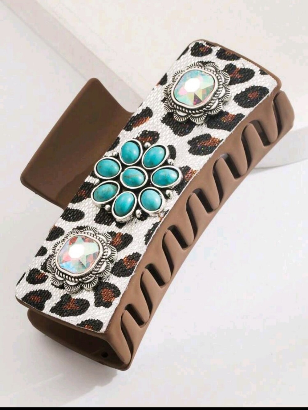 Leopard Print Brown Hair Clip with Turquoise Floral Accent